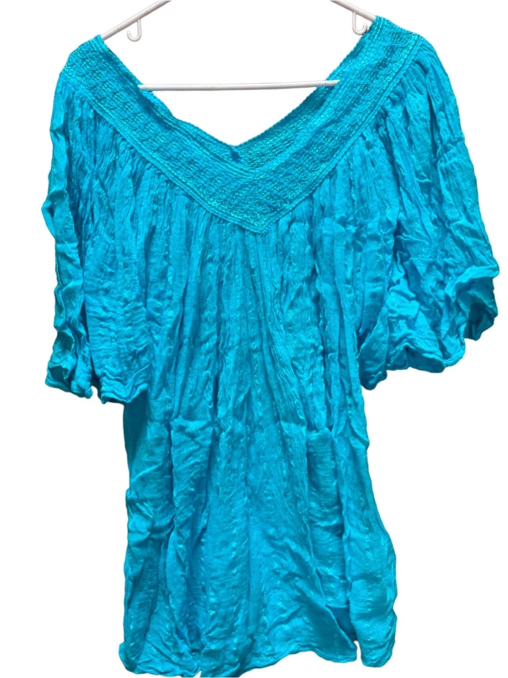 Turquoise Off-Shoulder Smocked Yoke Women’s Top